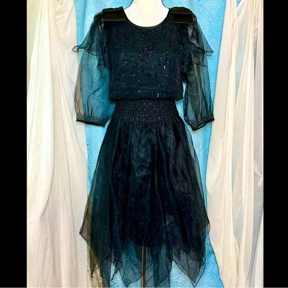 #D2 Vintage 80’s Mayeelok Black Georgette Tulle Party Prom Formal Dress - Picture 1 of 4